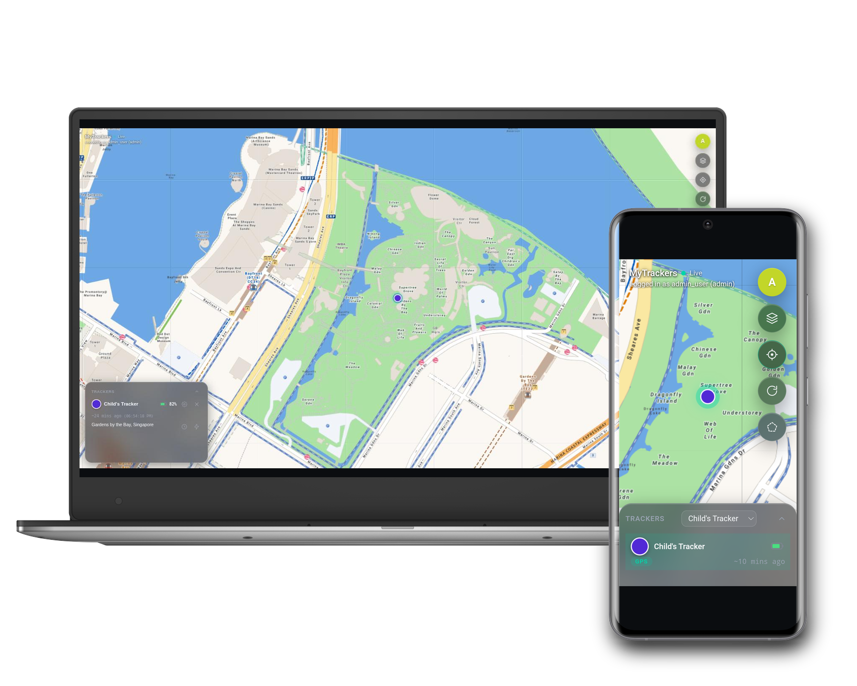 MyTrackers live map on a laptop and phone, showing a tracker's position and battery level